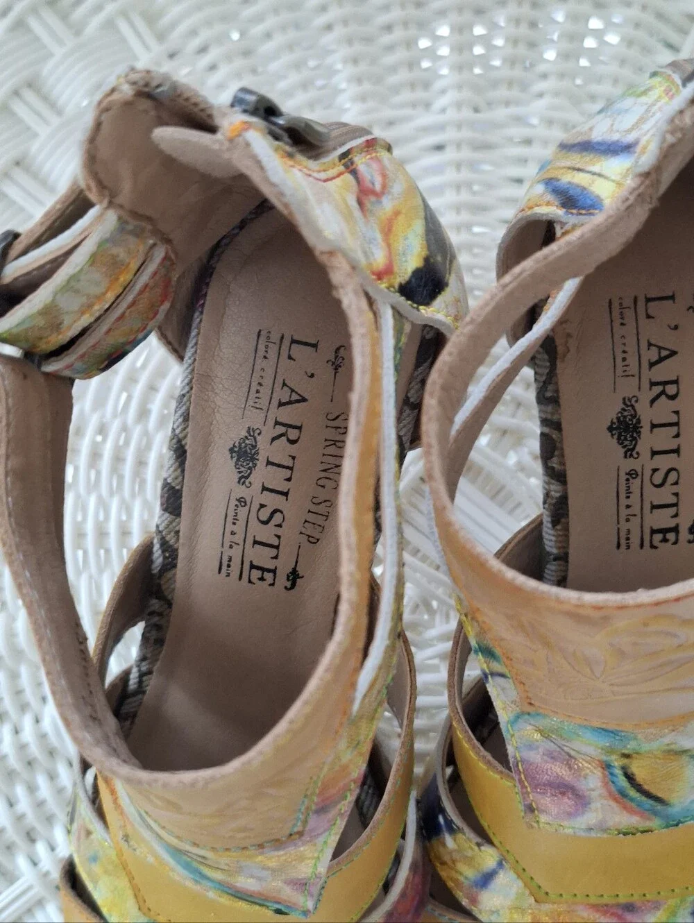 L'Artiste Hand Painted Hand Tooled Leather Heeled Sandals 